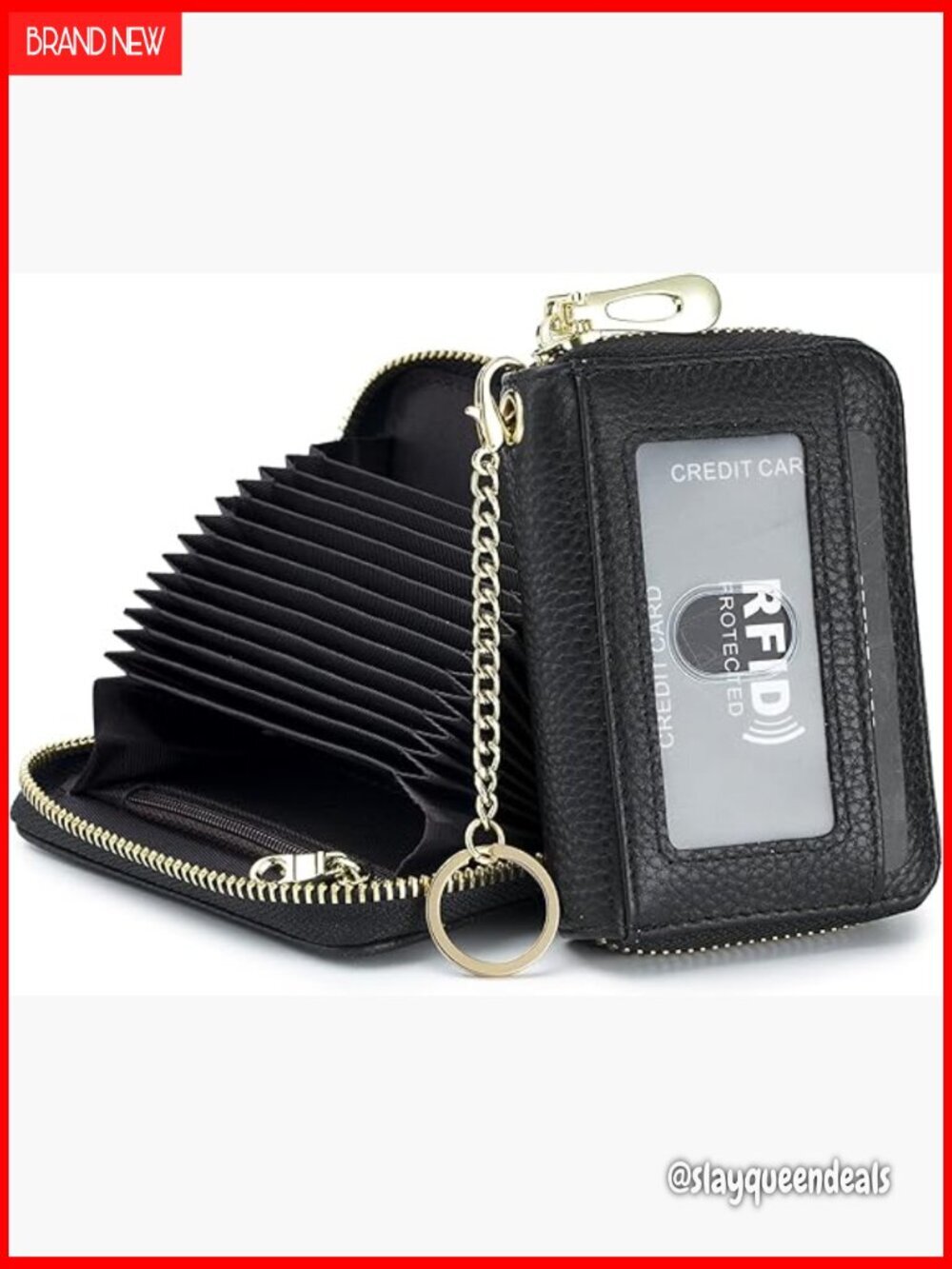 Genuine Leather RFID Blocking Card Holder with Keychain and ID Window